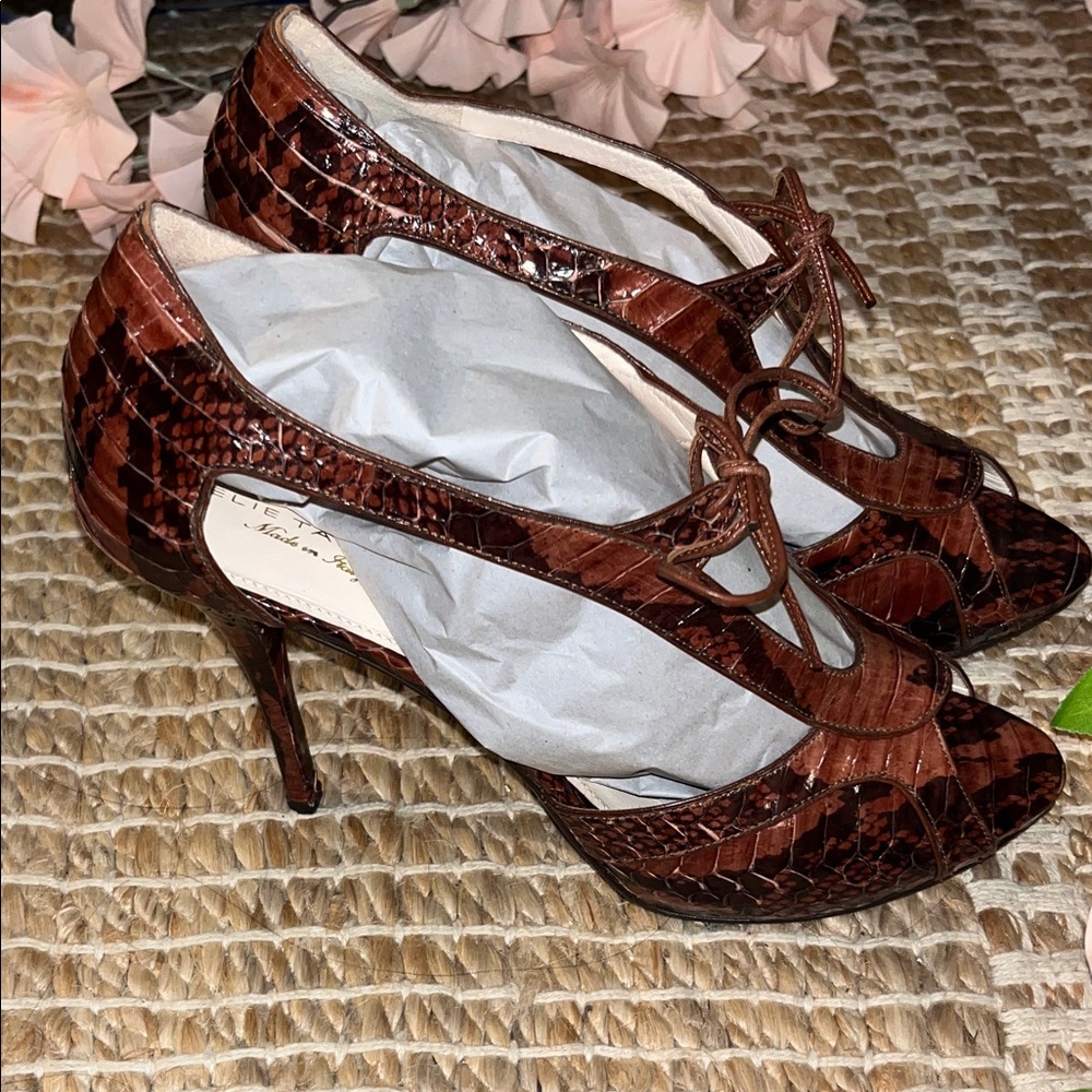 Elie Tahari Brown Snakeskin T-Strap Stiletto Pumps